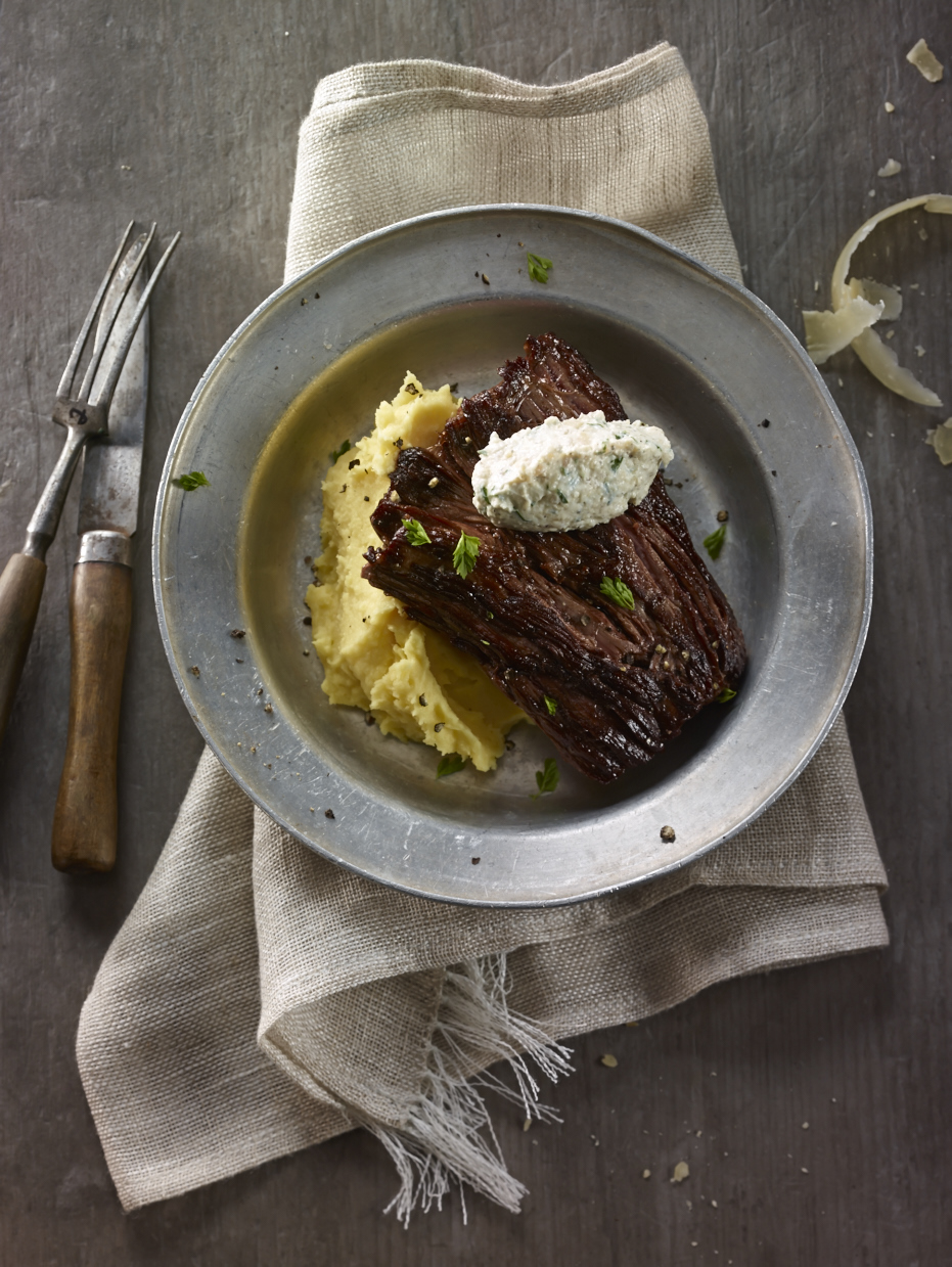 Skirt Steak with Liberté Quark Cheese, Shallots and Parmesan Cheese 