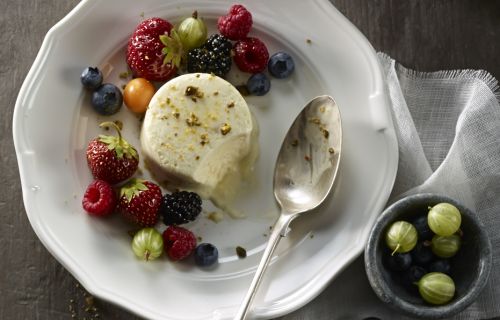 Liberté Cream Cheese and Honey Iced Parfait, Berry and Pistachio Salad 